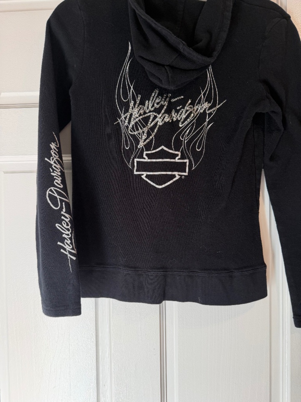 Ladies sz Lg Harley Davidson long sleeve hooded waffle top